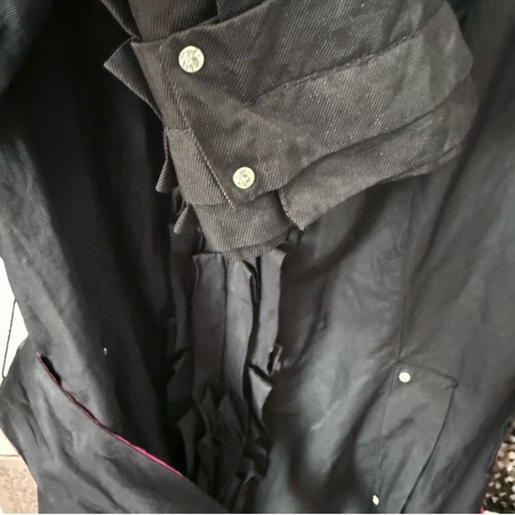 WHBM Ruffle Rain Jacket Belted Rhinestone & Satin Trench Coat Black Pink Size L - Picture 10 of 15